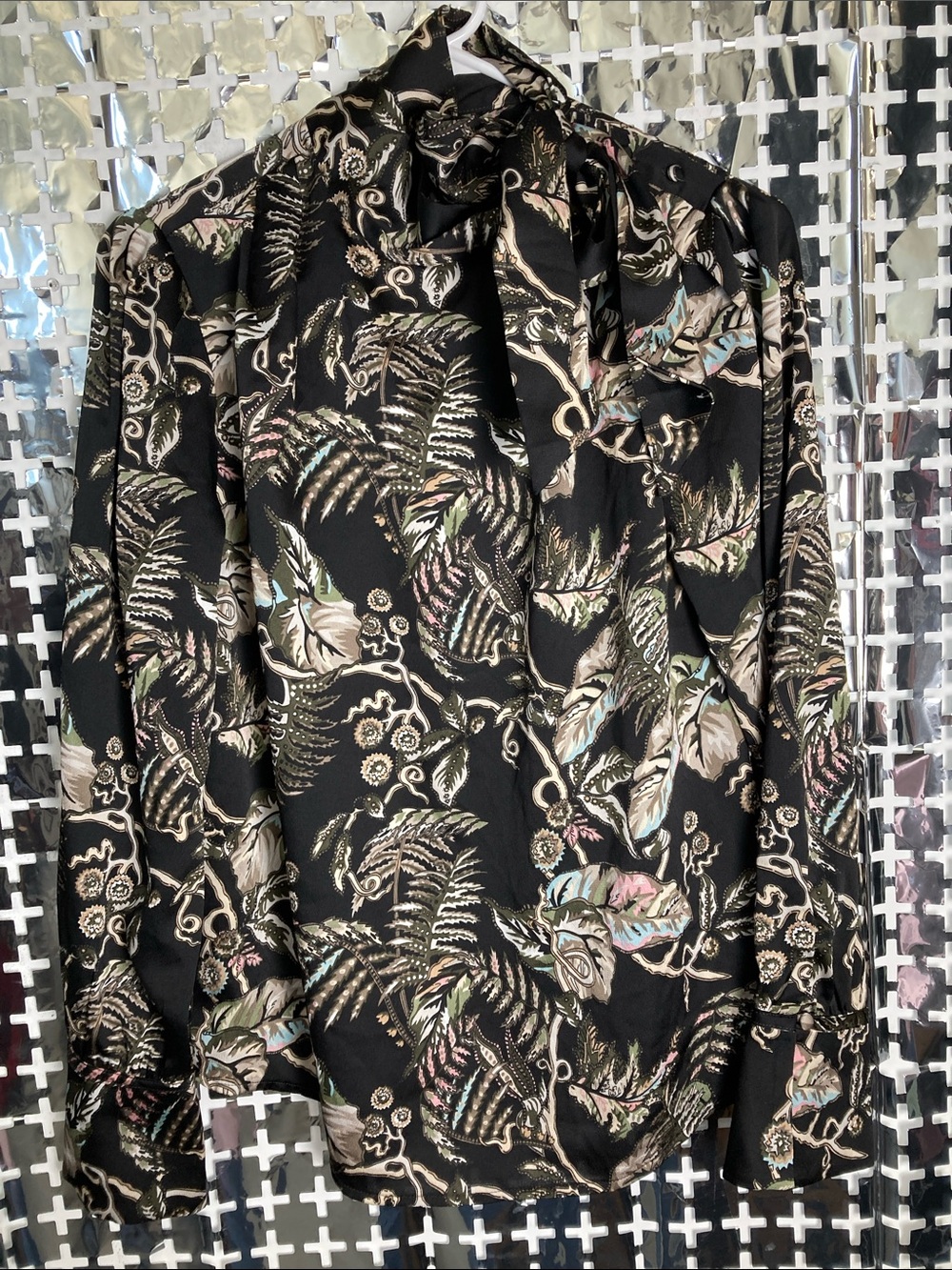 Banana Republic Black Botanical Tie-Neck Blouse with Pastel Accents